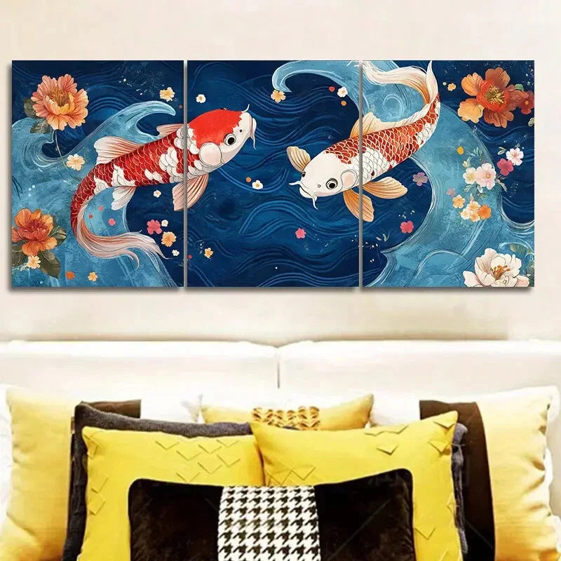 3pcs - Red and White Koi Fish with Floral Design, Metal Print Ready to Hang Art