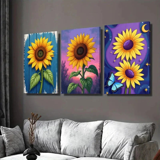 3pcs Vibrant Sunflower Modern Classic Floral Sky Wall Art Set Canvas Framed 40x60cm - High Quality Print 100% Australian Made Wall Canvas Ready to Hang