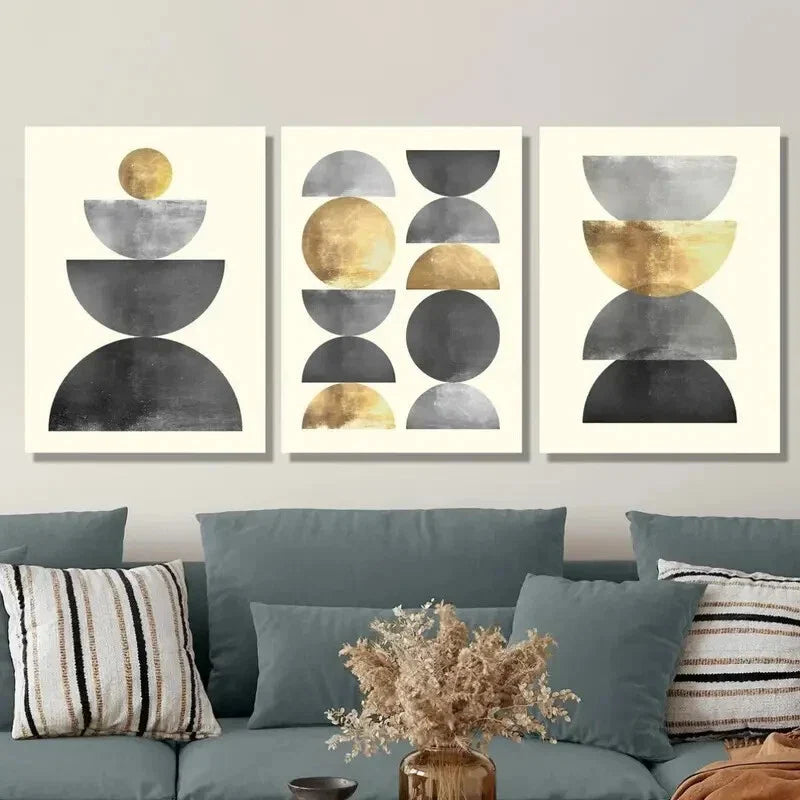 3pcs Golden & Metallic Circles, Geometric Metal Print Ready to Hang Art
