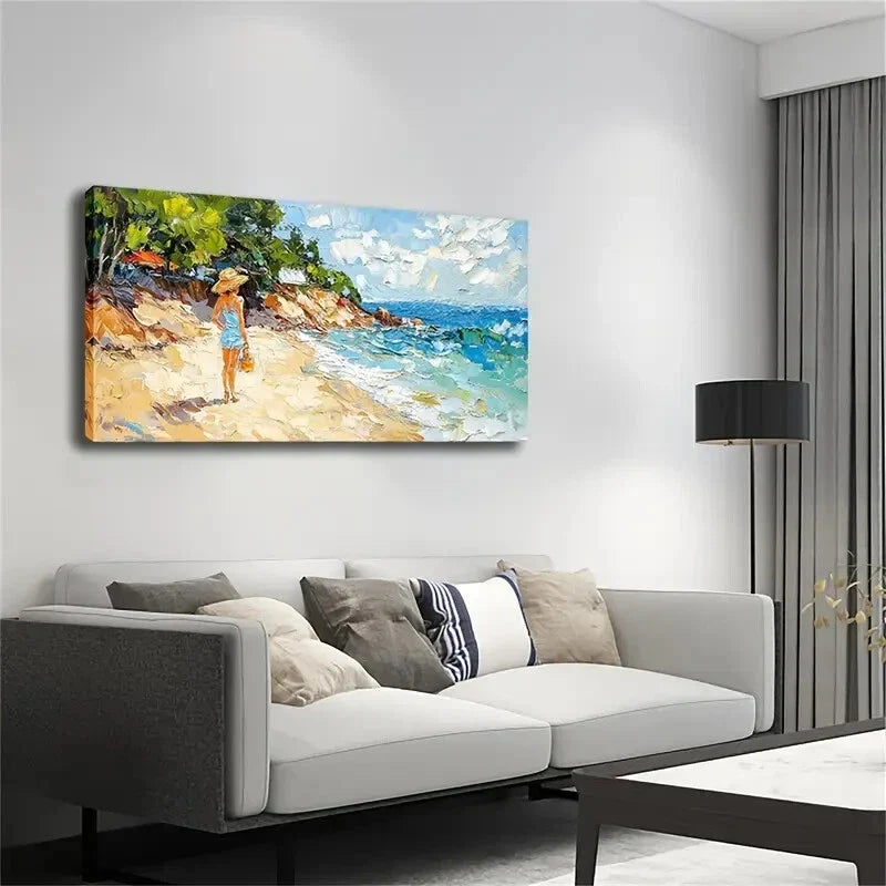Lady Blue Dress Strolling Beach Wall Art Canvas Office Home Room Framed 120x60cm