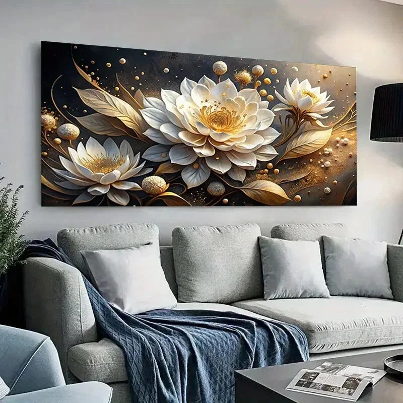 Golden White Floral Design Wall Art Canvas Office Home Room Framed 120x60cm