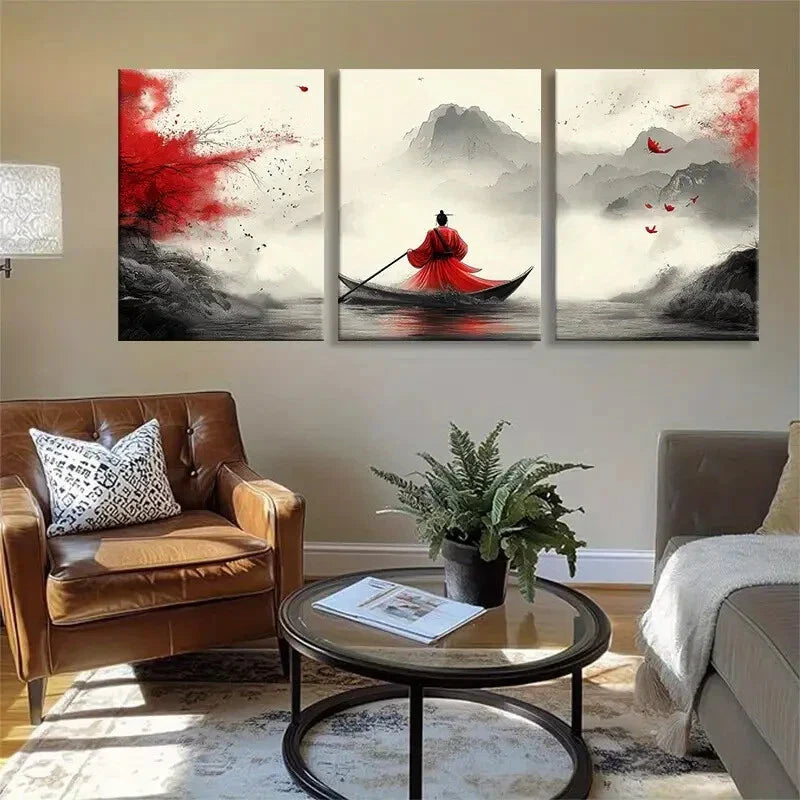 3pcs Traditional Boat Zen Red Perfect Wall Art Set Canvas Framed 40x60cm - High Quality Print 100% Australian Made Wall Canvas Ready to Hang