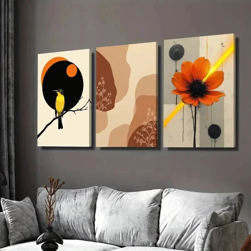 3pcs Modern Abstract Bird Orange & Yellow Wall Art Set Canvas Framed 40x60cm - High Quality Print 100% Australian Made Wall Canvas Ready to Hang