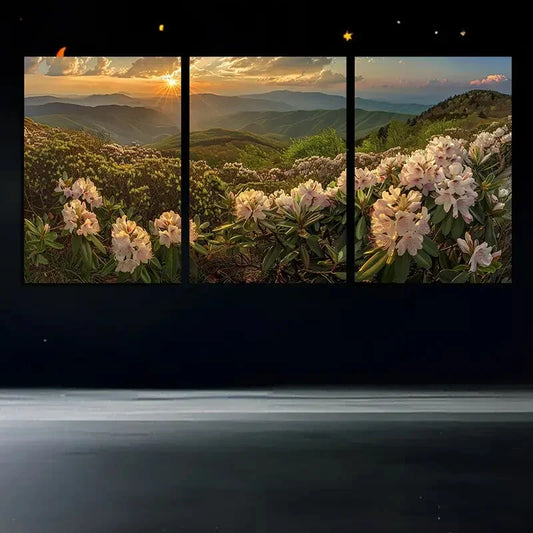 3pcs Blooming Flowers Sunrise Mountain Metal Print Ready to Hang Art