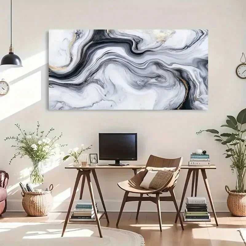 Monochrome Golden Accents Wall Art Canvas Office Home Room Framed 80x45cm