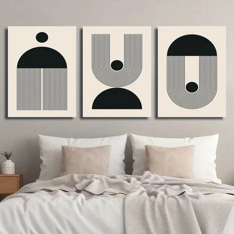 3pcs Black & Beige Abstract Geometric Wall Art Set Canvas Framed 40x60cm - High Quality Print 100% Australian Made Wall Canvas Ready to Hang