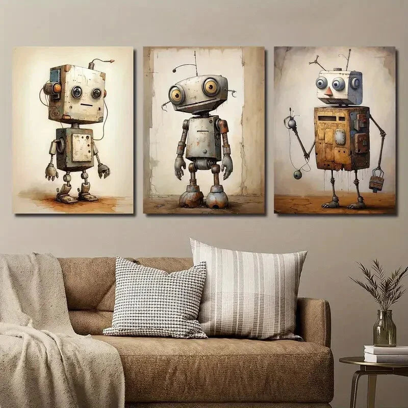 3pcs Vintage Robot Drawing Wall Art Set Canvas Framed 40x60cm - High Quality Print 100% Australian Made Wall Canvas Ready to Hang