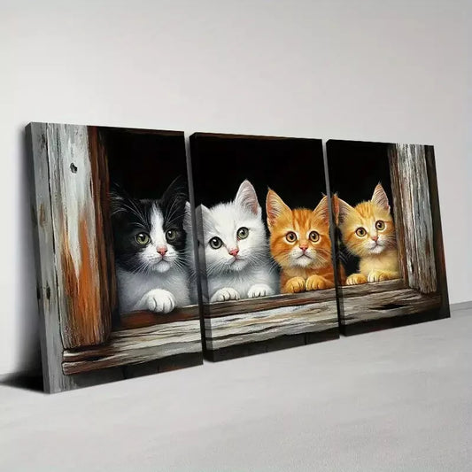 3pcs Whimsical Kitten Peeking Through Window Wall Art Set Canvas Framed 40x60cm - High Quality Print 100% Australian Made Wall Canvas Ready to Hang