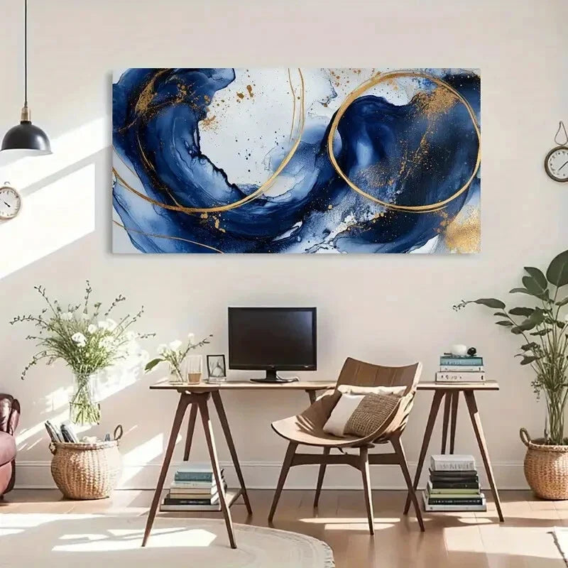 Golden Lines Deep Blue Texture Wall Art Canvas Office Home Room Framed 80x45cm