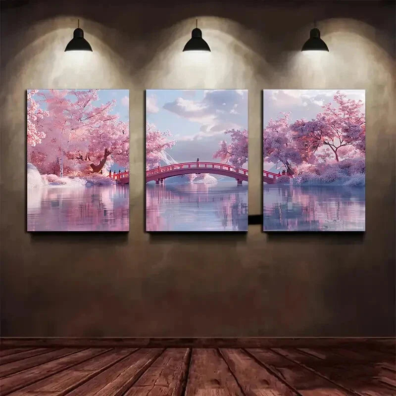 3pcs Cherry Blossom River Bridge Rose White Cloud Metal Print Ready to Hang Art