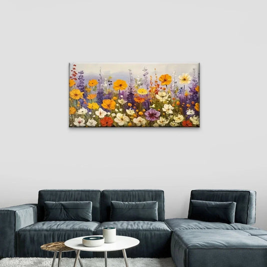 Field Flower Floral Colourful Wall Art Canvas Office Home Room Framed 80x45cm