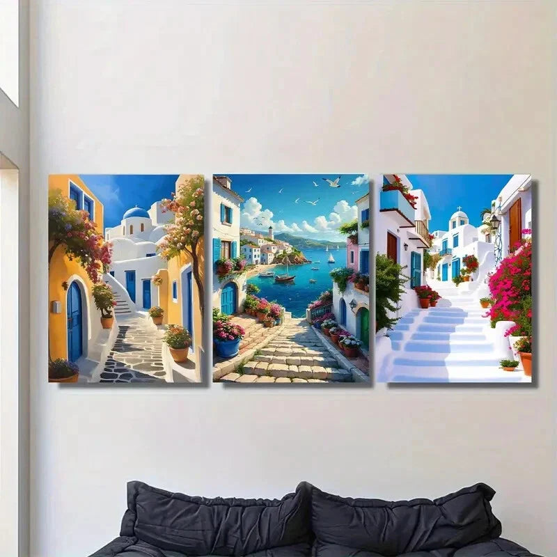 3pcs Vibrant White & Blue Greek Island Metal Print Ready to Hang Art