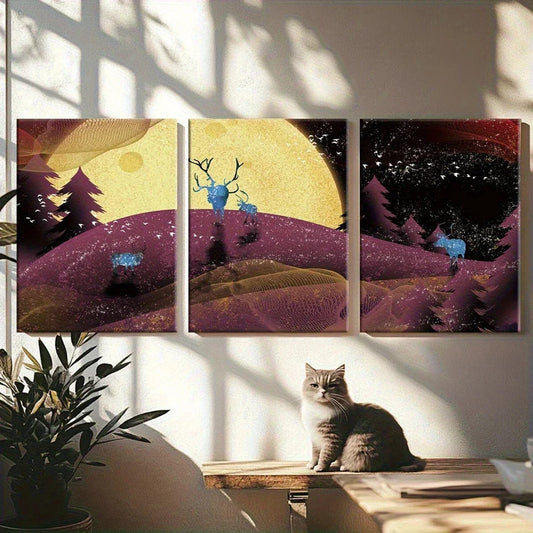3pcs Purple Moon And Starry Night Metal Print Ready to Hang Art