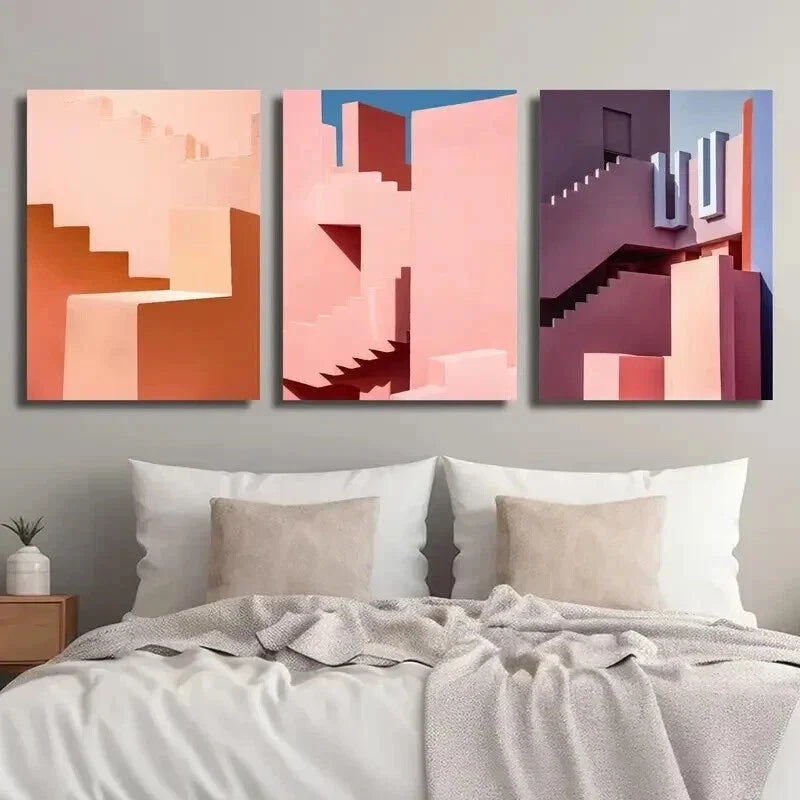 3pcs Pink Stairs Pink Road Art Illustration Wall Art Set Canvas Framed 40x60cm - High Quality Print 100% Australian Made Wall Canvas Ready to Hang