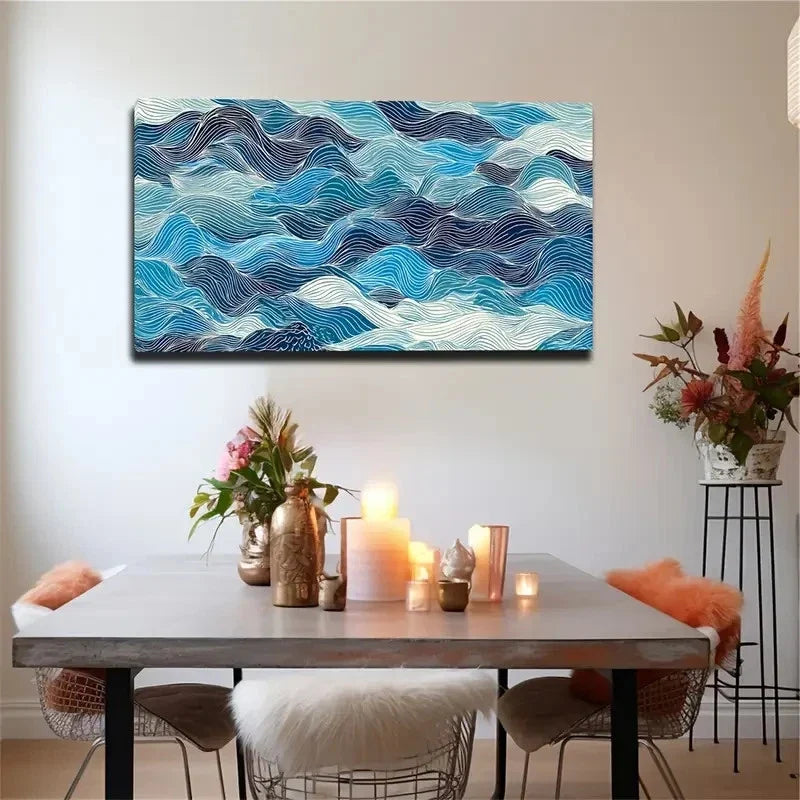 Navy Blue & Turquoise Seascape Wall Art Canvas Office Home Room Framed 80x45cm