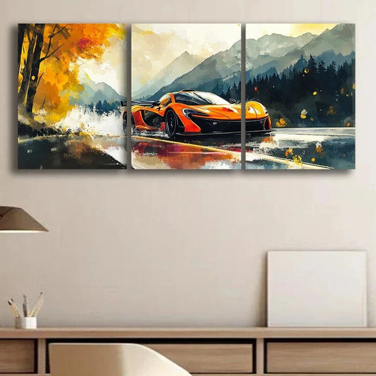 3pcs Orange, Black Hypercar Design Metal Print Ready to Hang Art