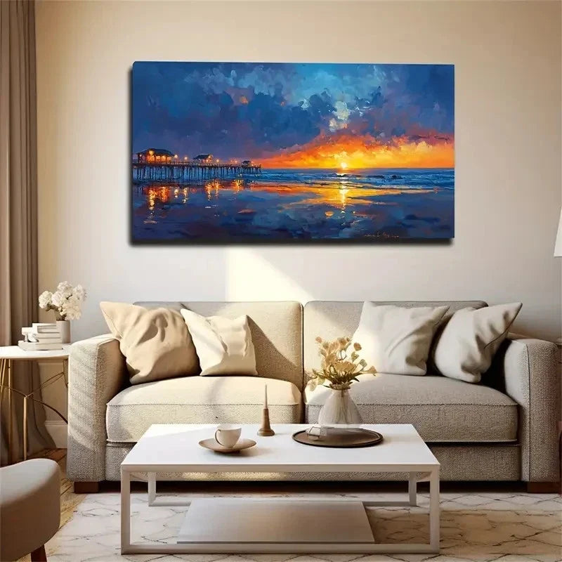 Sunset Seaside Vacation House Wall Art Canvas Office Home Room Framed 120x60cm