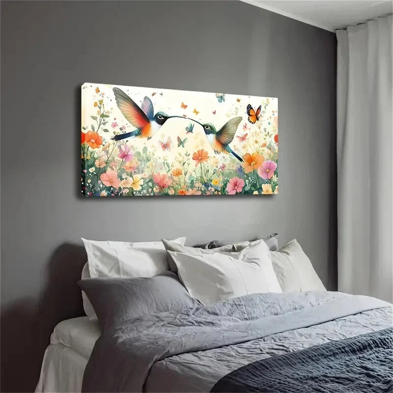 Hummingbird Vibrant Flowers Wall Art Canvas Office Home Room Framed 120x60cm