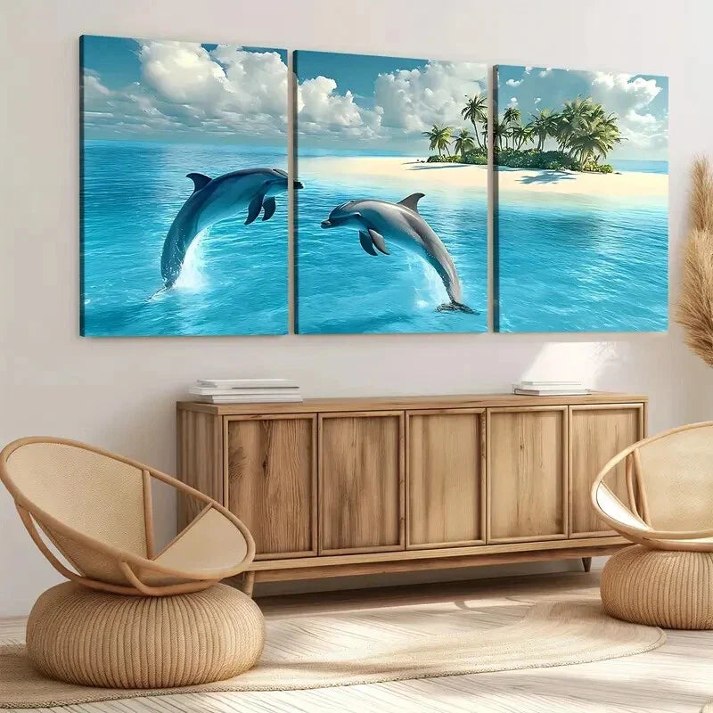 3pcs Dolphin Seascape Blue Sky White Clouds Wall Art Set Canvas Framed 40x60cm - High Quality Print 100% Australian Made Wall Canvas Ready to Hang