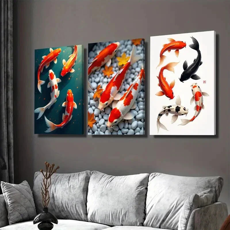 3pcs Colorful Koi Fish Modern Picture Wall Art Set Canvas Framed 40x60cm - High Quality Print 100% Australian Made Wall Canvas Ready to Hang