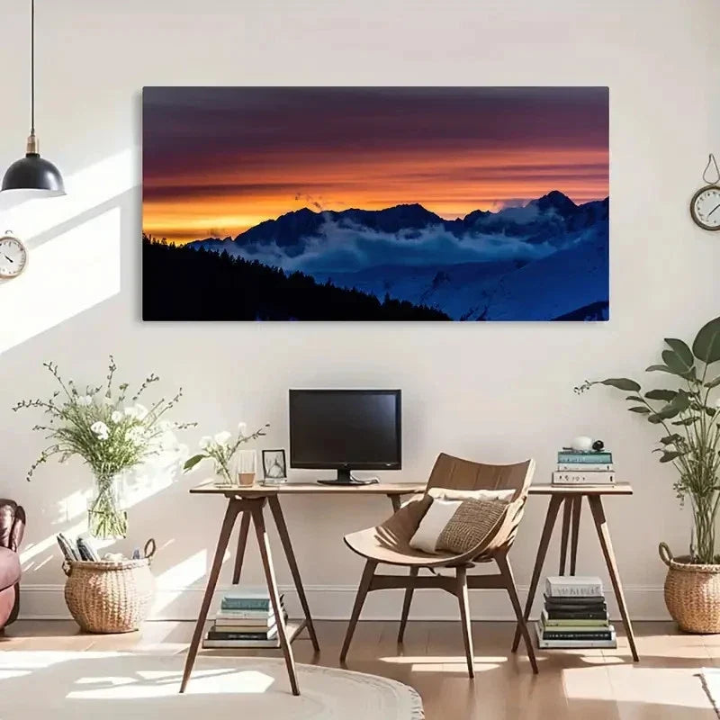 Sunset Mountains Vintage Style Wall Art Canvas Office Home Room Framed 120x60cm