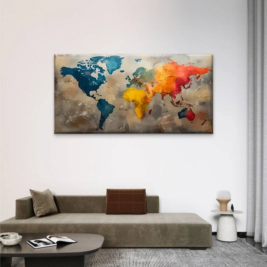 Vibrant World Map Modern Wall Art Canvas Office Home Room Framed 80x45cm