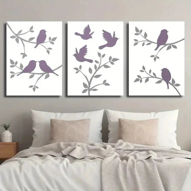 3pcs Purple Bird Art on Gray Branch Wall Art Set Canvas Framed 40x60cm - High Quality Print 100% Australian Made Wall Canvas Ready to Hang