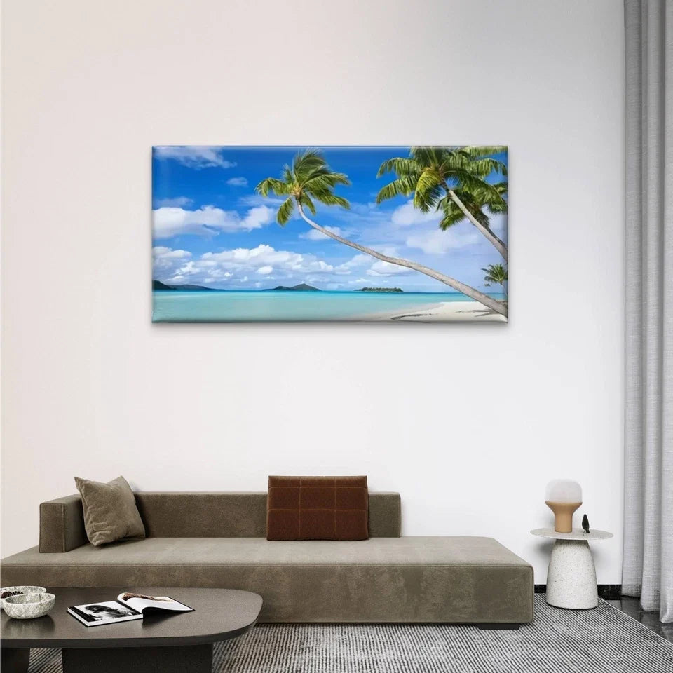 Palm Trees Blue Skies Beach Wall Art Canvas Office Home Room Framed 80x45cm