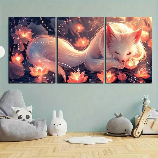 3pcs White Fox Stunning Golden Flowers Metal Print Ready to Hang Art