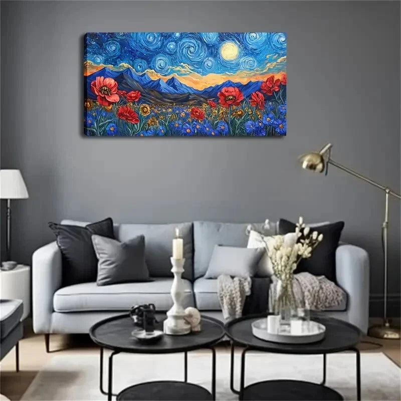 Rotating Blue Starry Sky Yellow Wall Art Canvas Office Home Room Framed 120x60cm