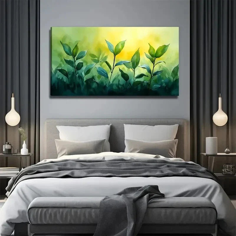 Vibrant Leaf Green & Yellow Wall Art Canvas Office Home Room Framed 120x60cm