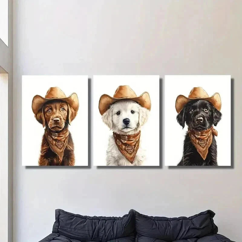 3pcs Dog Wearing a Cowboy Hat Decoration Wall Art Set Canvas Framed 40x60cm - High Quality Print 100% Australian Made Wall Canvas Ready to Hang