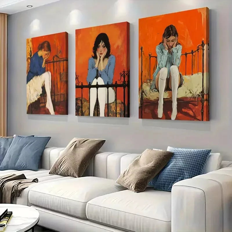 3pcs Vintage Style Girl Portraits Triptych Wall Art Set Canvas Framed 40x60cm - High Quality Print 100% Australian Made Wall Canvas Ready to Hang