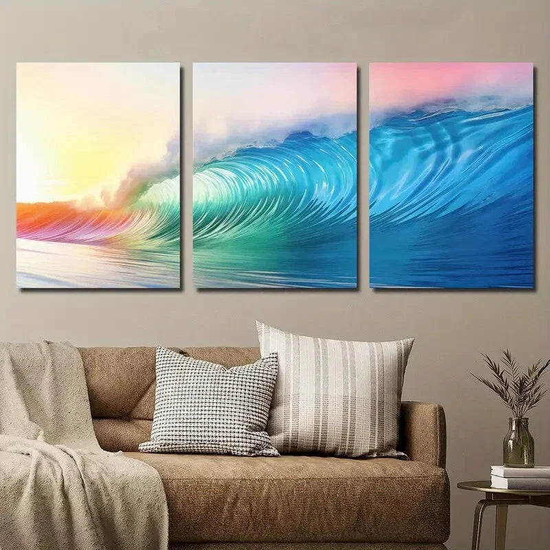 3pcs Colorful Ocean Wave Beach Scenery Painting Wall Art Set Canvas Framed 40x60cm - High Quality Print 100% Australian Made Wall Canvas Ready to Hang
