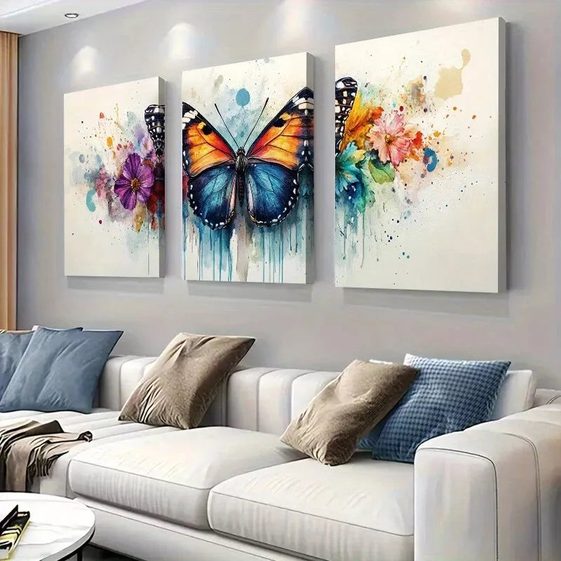 3pcs Vibrant Abstract Watercolor Butterfly  Wall Art Set Canvas Framed 40x60cm - High Quality Print 100% Australian Made Wall Canvas Ready to Hang