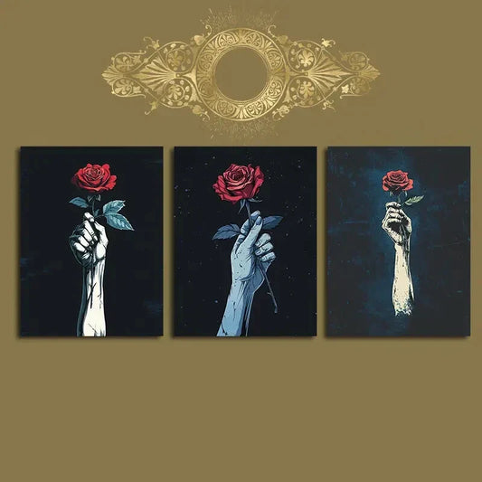 3pcs Red Rose and Raised Arms Handheld Floral Metal Print Ready to Hang Art