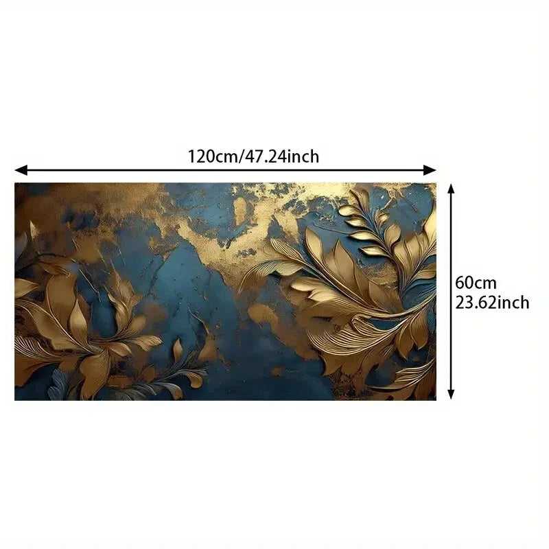 Blue & Golden Leaf Pattern wall canvas office home room framed 120x60cm