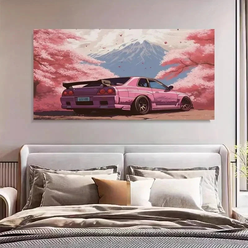 Sports Car & Cherry Blossom Wall Art Canvas Office Home Room Framed 120x60cm