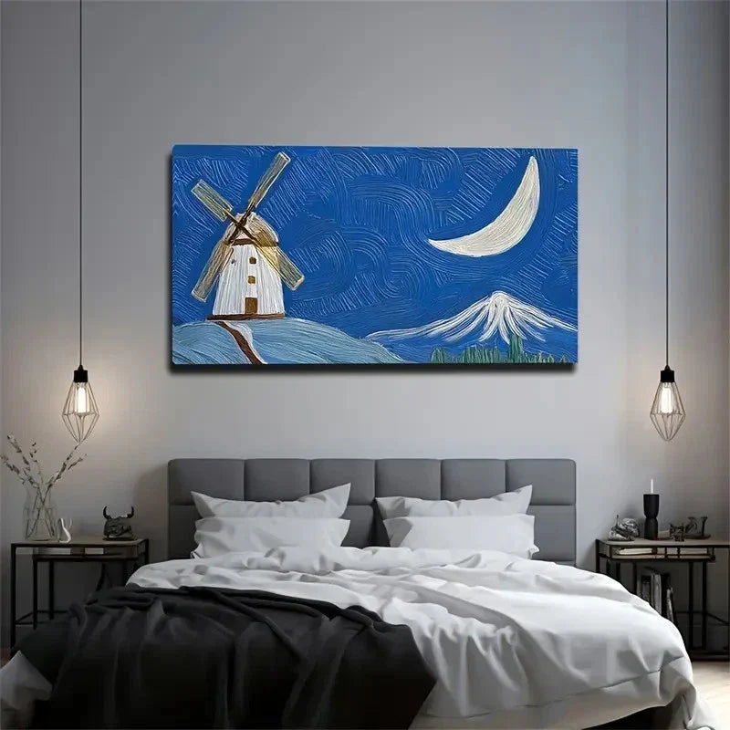 Moonlit Windmill Durable Wall Art Canvas Office Home Room Framed 120x60cm