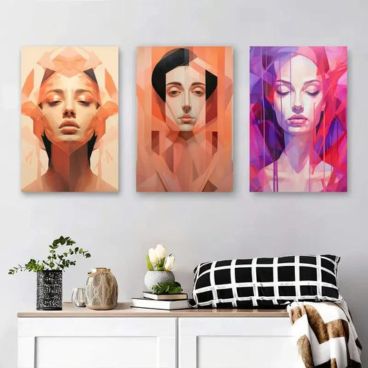 3pcs Vibrant Geometric Faces in Orange and Purple Metal Print Ready to Hang Art