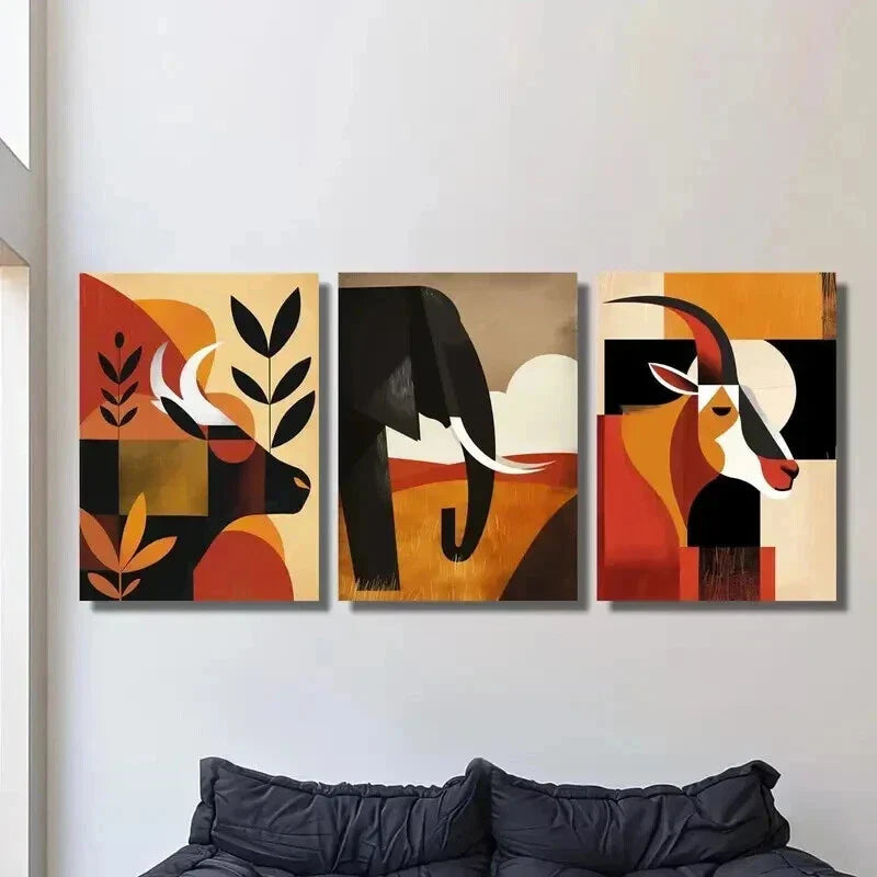 3pcs Cattle Goat & Elephant Geometric Design Wall Art Set Canvas Framed 40x60cm - High Quality Print 100% Australian Made Wall Canvas Ready to Hang