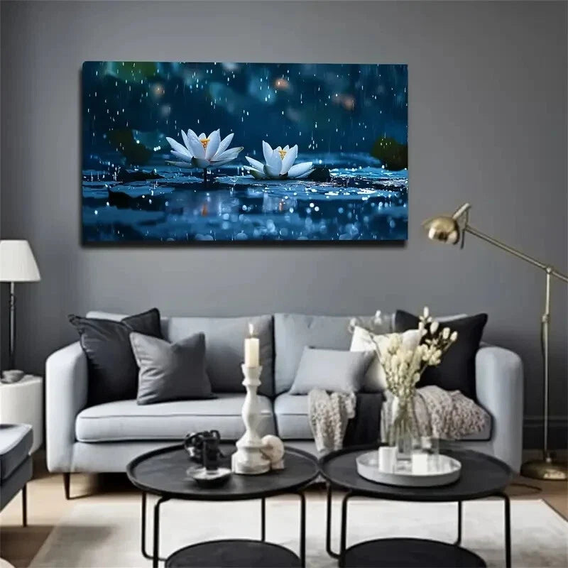 Two White Water Lilies Blooming Wall Art Canvas Office Home Room Framed 120x60cm