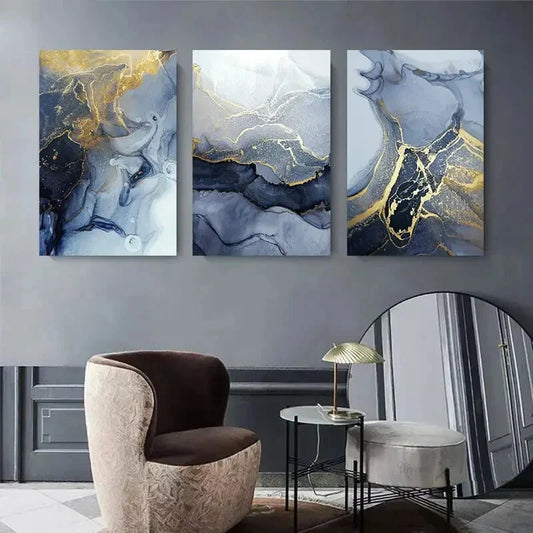 3pcs Abstract Ink and Golden Marble Metal Print Ready to Hang Art