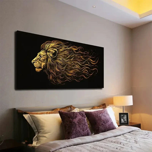 The Golden Tone The Lion Stand Wall Art Canvas Office Home Room Framed 120x60cm