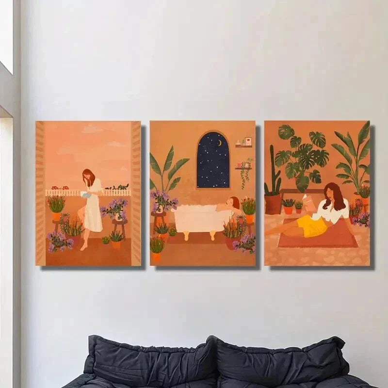 3pcs Serene Plant & Girl Illustrations Wall Art Set Canvas Framed 40x60cm - High Quality Print 100% Australian Made Wall Canvas Ready to Hang