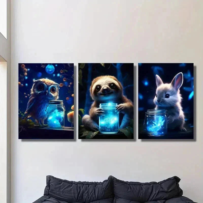 3pcs Luminous Magic Owls Sloths & Rabbits Wall Art Set Canvas Framed 40x60cm - High Quality Print 100% Australian Made Wall Canvas Ready to Hang