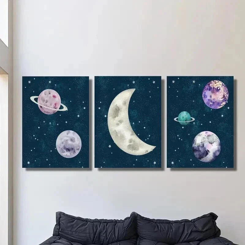 3pcs Galaxy Space Planet Moon & Stars Wall Art Set Canvas Framed 40x60cm - High Quality Print 100% Australian Made Wall Canvas Ready to Hang