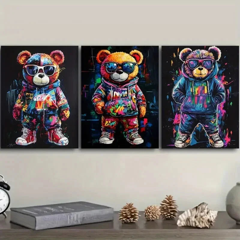3pcs Featuring a Teddy Bear Adorned Solely Wall Art Set Canvas Framed 40x60cm - High Quality Print 100% Australian Made Wall Canvas Ready to Hang