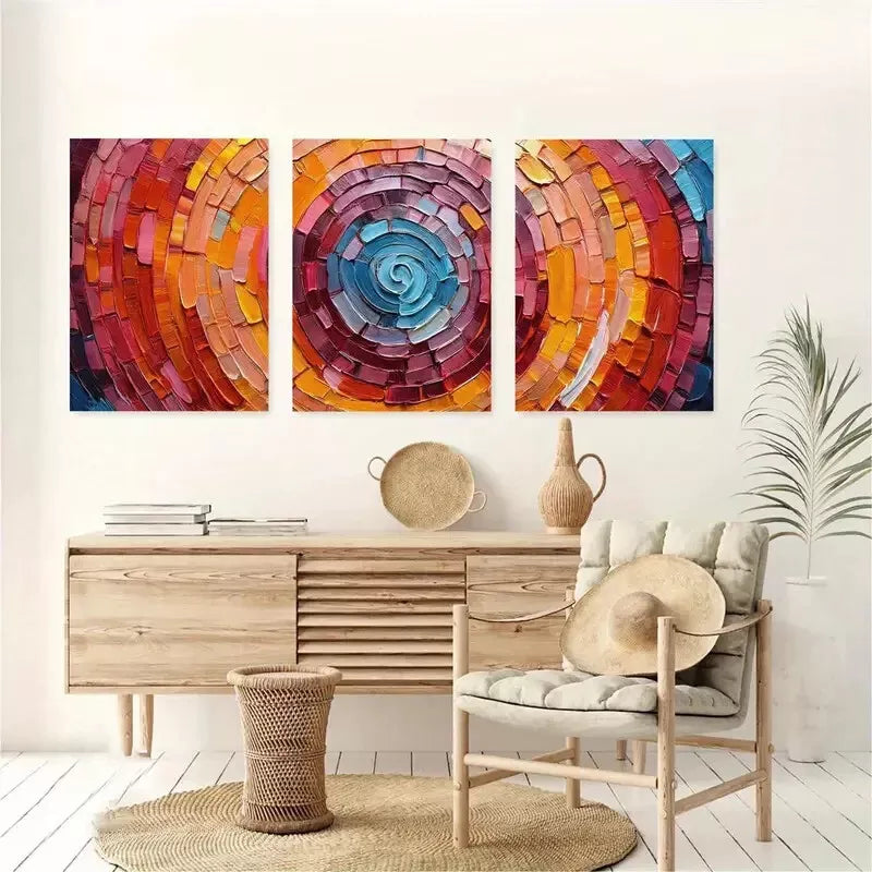 3pcs Vibrant Geometric Stone Brick Circular Wall Art Set Canvas Framed 40x60cm - High Quality Print 100% Australian Made Wall Canvas Ready to Hang