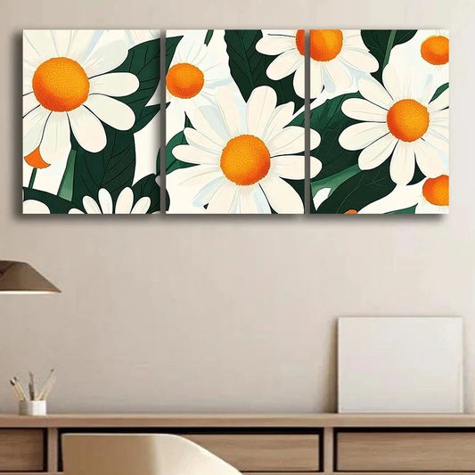 3pcs Daisy Flower Bright Yellow Hearts And Green Metal Print Ready to Hang Art